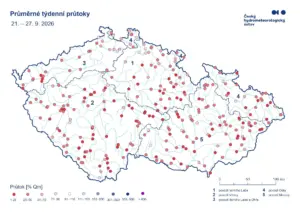 Mapa průměrných týdenních průtoků řek za 21.–27. září 2026 v procentech dlouhodobého průměru podle ČHMÚ