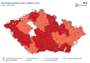 Mapa stavu hladiny podzemní vody v mělkých vrtech za týden 14.–20. září 2026 podle ČHMÚ